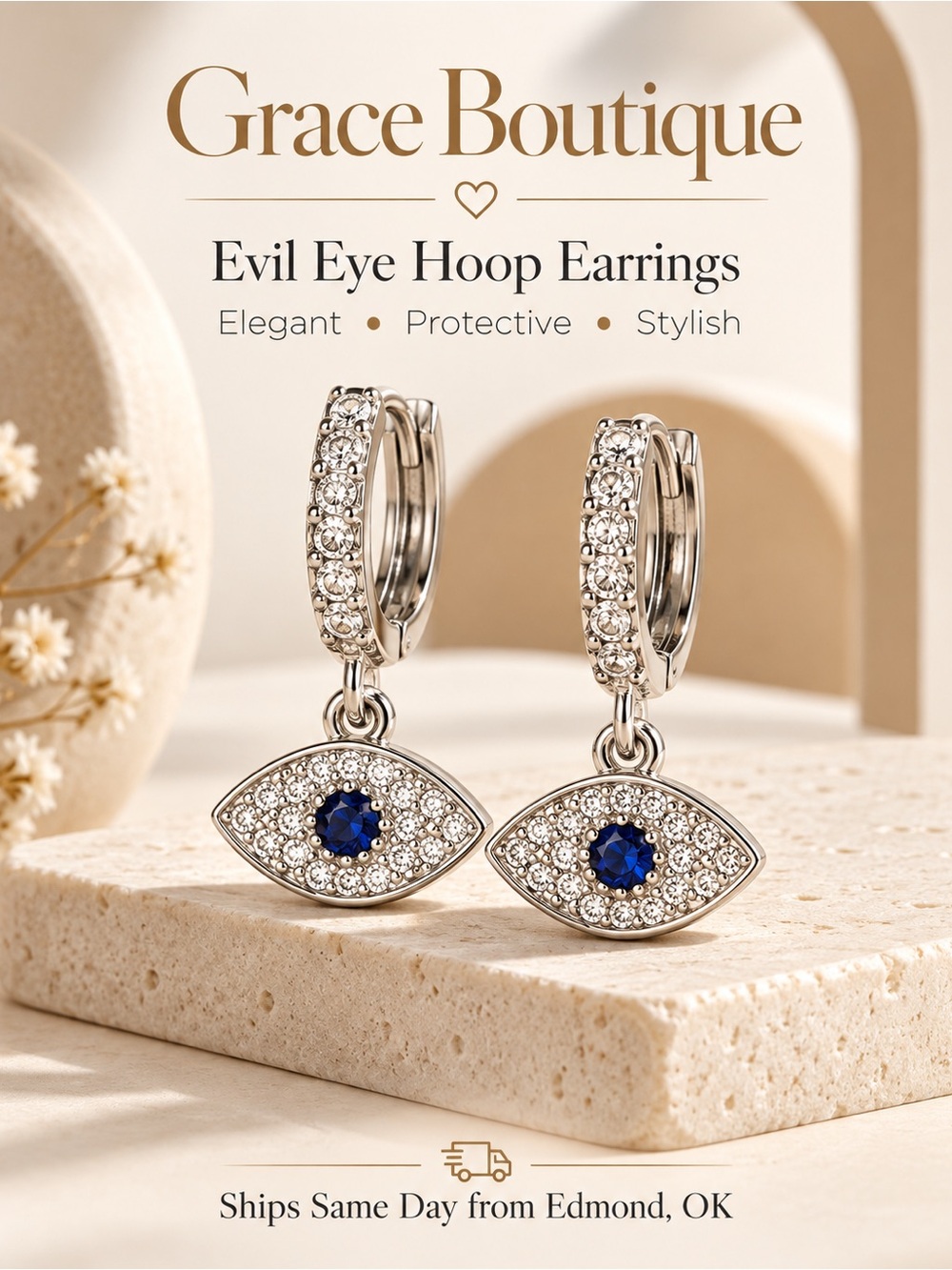 Silver Evil Eye Hoop Earrings with Blue Center